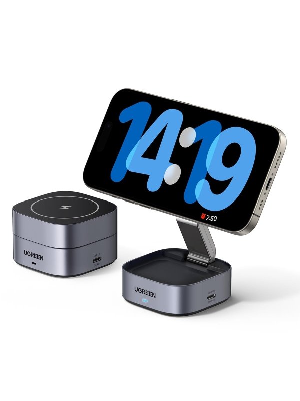 UGREEN Foldable 2 - in - 1 MagFlow Wireless Charging Station for Apple Magsafe Charger iPhone, Fast Magnetic Wireless Charger Stand for iPhone 16 15 14 Series, AirPods, Apple Watch - With 1M USB C CableVisit the UGREEN Store