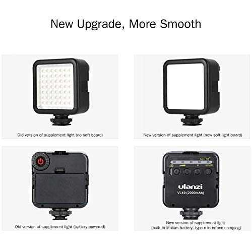 ULANZI VL49 2000mAh LED Video Light w 3 Cold Shoe, Rechargeable Soft Light Panel, Portable Photography Lighting for DJI OSMO Sony DSLR Canon Camera GoPro Vlogging