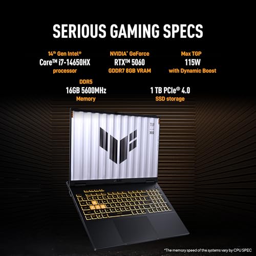 ASUS TUF F16 14th Gen Intel Core i7 14650HX Gaming Laptop Nvidia RTX 5060-8GB, WUXGA 165Hz,32GB RAM GDDR5-1TB SSD, Windows 11 Office Home 2024/Jaeger Gray FX608JMR
