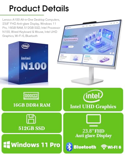 Lenovo All-in-One Desktop Computer 2026, 24" IPS FHD Display, 16GB RAM, 512GB SSD, Windows 11 Pro, Intel UHD Graphics, Intel N100 Processor, Wired Keyboard & Mouse, Home Desktop PC, WiFi 6