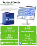 Lenovo All-in-One Desktop Computer 2026, 24" IPS FHD Display, 16GB RAM, 512GB SSD, Windows 11 Pro, Intel UHD Graphics, Intel N100 Processor, Wired Keyboard & Mouse, Home Desktop PC, WiFi 6