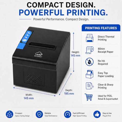 AL BASEET BAS-164 80mm Thermal Receipt Printer, High-Speed Direct Thermal POS Billing Printer, Inkless Receipt Printer for Windows, Mac & Linux, Retail, Restaurant, Supermarket, Cafe & CheckoutCounter
