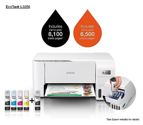 Epson EcoTank L3256 Home ink tank printer A4, colour, 3 in 1 with WiFi and SmartPanel App connectivity, White, Compact