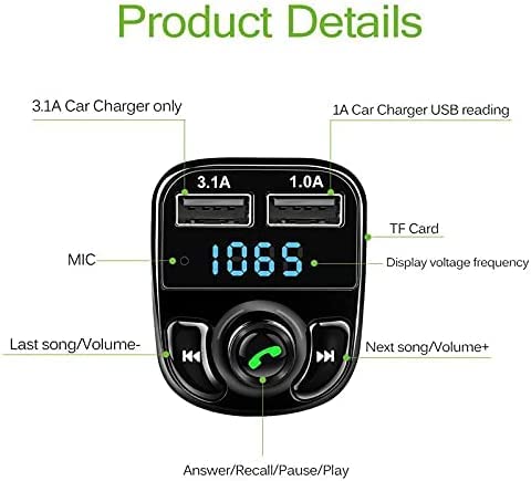 Crown Tech FM Transmitter for Car, Bluetooth 5.0 Radio Car Receiver Adapter with Hands-Free Calling and FM Transmitter MP3 Player, Dual USB Charging Port 3.1A and 1A, Support SD Card and USB Disk