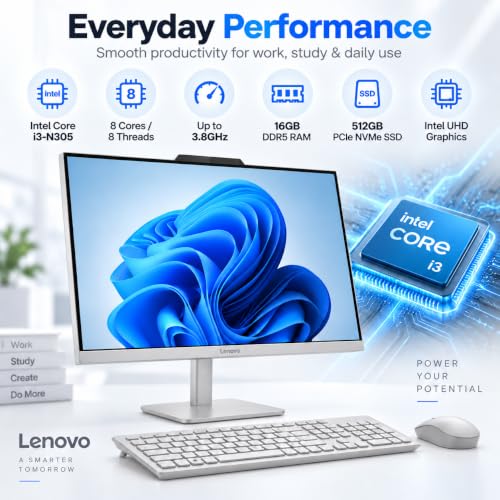 Lenovo A100 23.8" FHD All-in-One Desktop PC, Intel Core i3-N305, 16GB DDR5 RAM, 512GB PCIe NVMe SSD, Intel UHD Graphics, Wi-Fi 6, Windows 11 Upgraded, Cloud Grey – F0JN002SAK