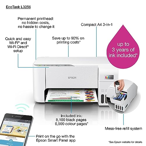 Epson EcoTank L3256 Home ink tank printer A4, colour, 3 in 1 with WiFi and SmartPanel App connectivity, White, Compact