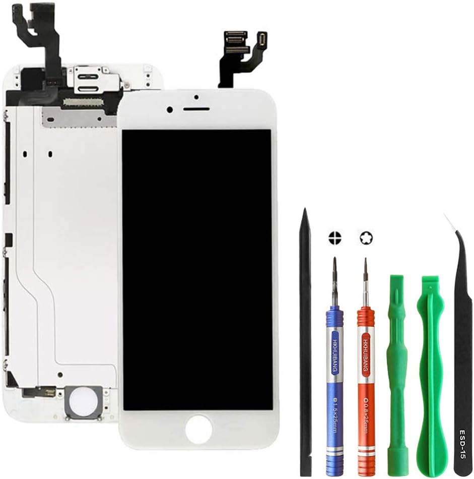 HKHuibang Screen Replacement Compatible for iPhone 6 6G LCD Screen Replacement White 4.7 Inch LCD Display Frame Touch Digitizer Full Assembly with Front Camera Earpiece and Tools Kit