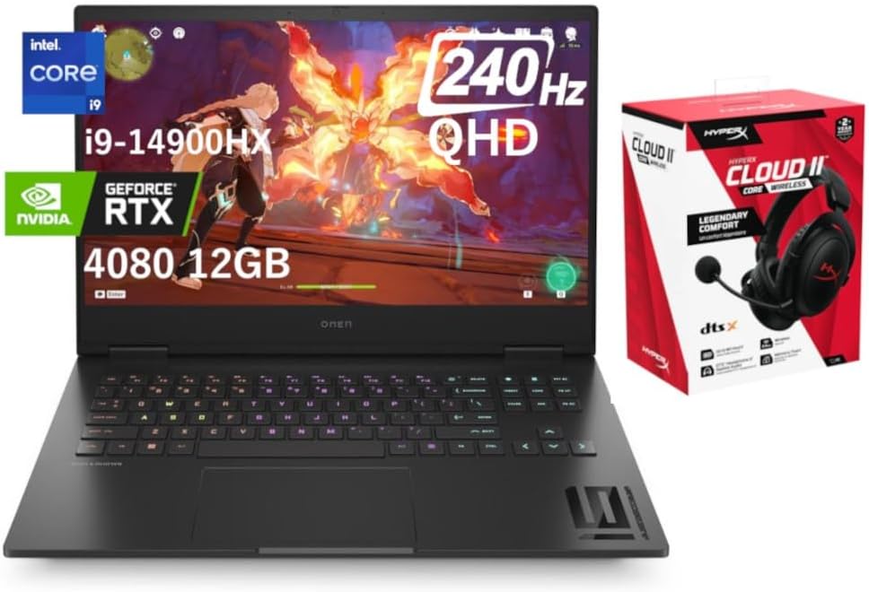 2024 Latest HP Omen 16 Gaming Laptop 16.1" QHD 240Hz Display Core i9-14900HX, 32GB, 2TB SSD, NVIDIA GeForce RTX4080 12GB Graphics RGB Backlit Eng Key WIN11, With HyperX Cloud II Core Wireless Headset