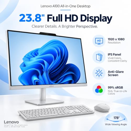 Lenovo A100 23.8" FHD All-in-One Desktop PC, Intel Core i3-N305, 16GB DDR5 RAM, 512GB PCIe NVMe SSD, Intel UHD Graphics, Wi-Fi 6, Windows 11 Upgraded, Cloud Grey – F0JN002SAK