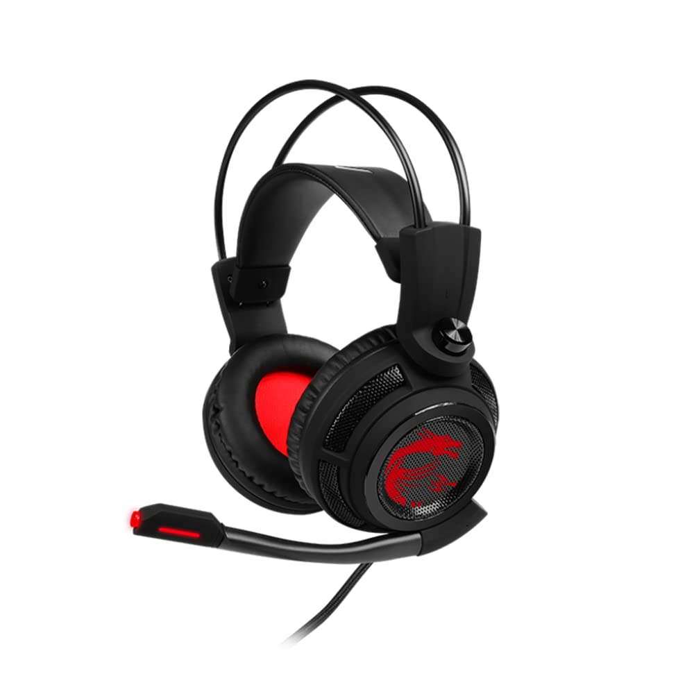 MSI DS502 Gaming Headset, Enhanced Virtual 7.1 Surround Sound, Ergonimic Design, Omnidirectional Microphone, Intelligent Vibration System, Red LED Lighting, PC/Mac