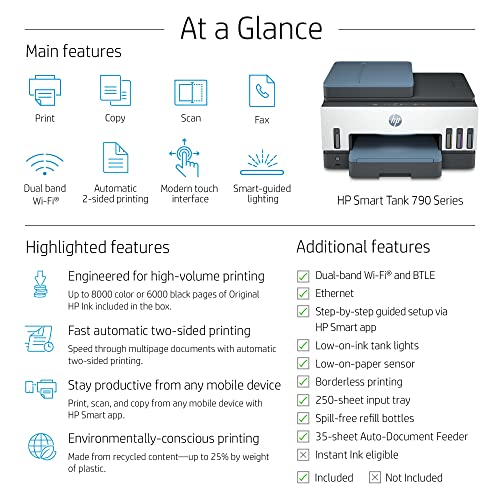 HP Smart Tank 795 All-in-One Printer wireless, Print, Scan, Copy, Fax, Auto Duplex Printing, Document Feeder, Print up to 18000 black or 8000 color pages, White/Blue [28B96A]