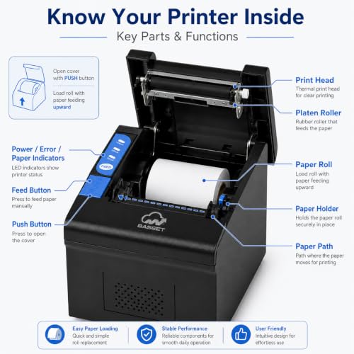 AL BASEET BAS-164 80mm Thermal Receipt Printer, High-Speed Direct Thermal POS Billing Printer, Inkless Receipt Printer for Windows, Mac & Linux, Retail, Restaurant, Supermarket, Cafe & CheckoutCounter
