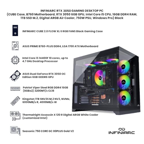 INFINIARC RTX 3050 GAMING DESKTOP PC (CUBE Case, B760 Motherboard, RTX 3050 6GB GPU, Core i5 CPU, 16GB DDR4 RAM, 1TB SSD M.2, Digital ARGB Air Cooler, 750W Gold PSU, Windows Pro), Black