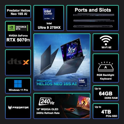 Acer Predator Helios Neo16S AI Gaming PC, Ultra 9 275HX, 32GB DDR5 RAM | 1TB SSD 16" WQXGA 240Hz Display, NVIDIA GeForce RTX 5070 Ti 12GB GDDR7, Abyssal Gray Color, Win11 Home