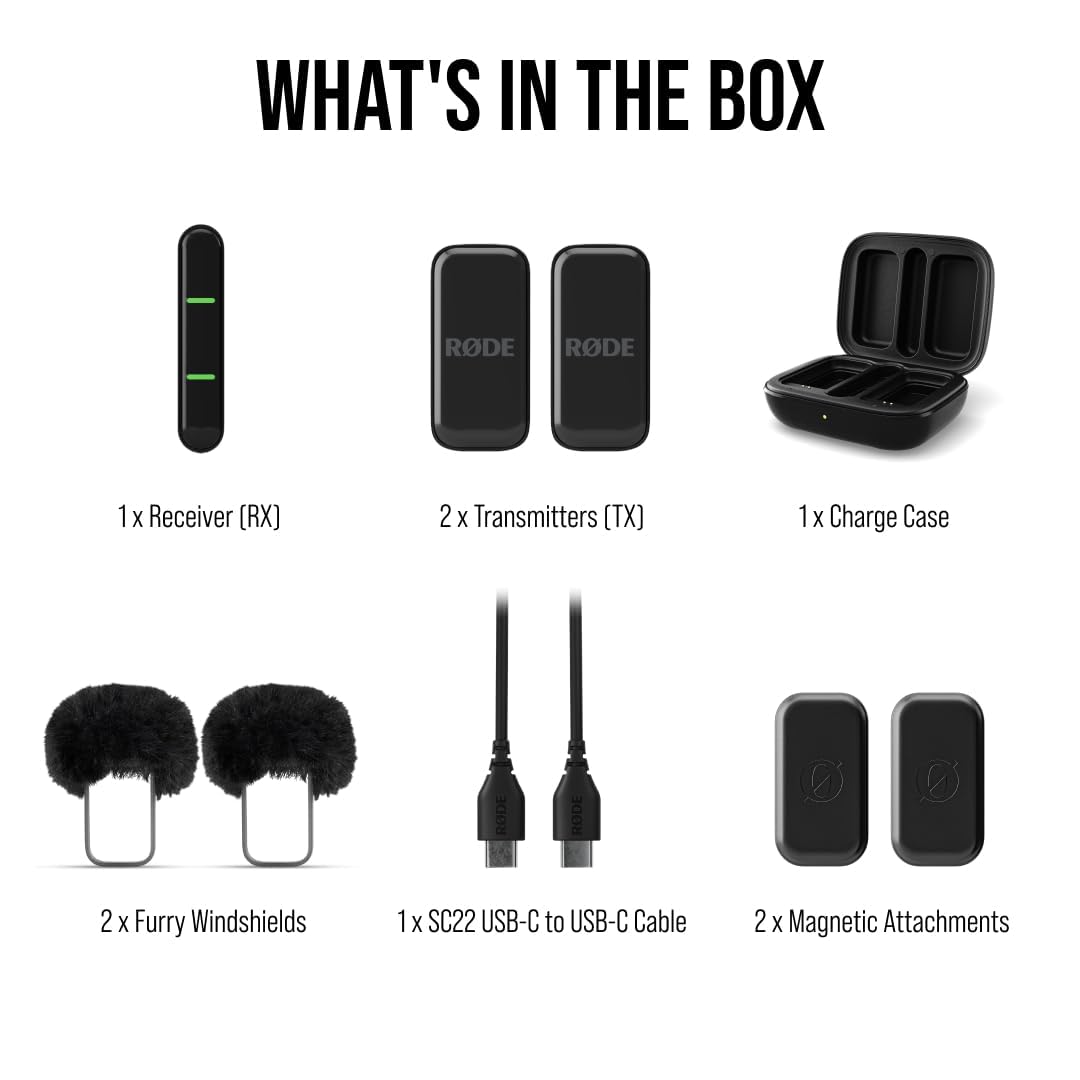 RØDE Wireless Micro - Compact Wireless Microphone, Two Mics with Charge Case for Smartphone Content Creation - USB-C, Black