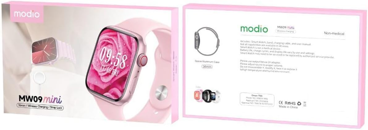 Modio MW09 Mini 36MM Smart Watch With 2 Pair Straps and Wireless Charger For Ladies and Girls Pink