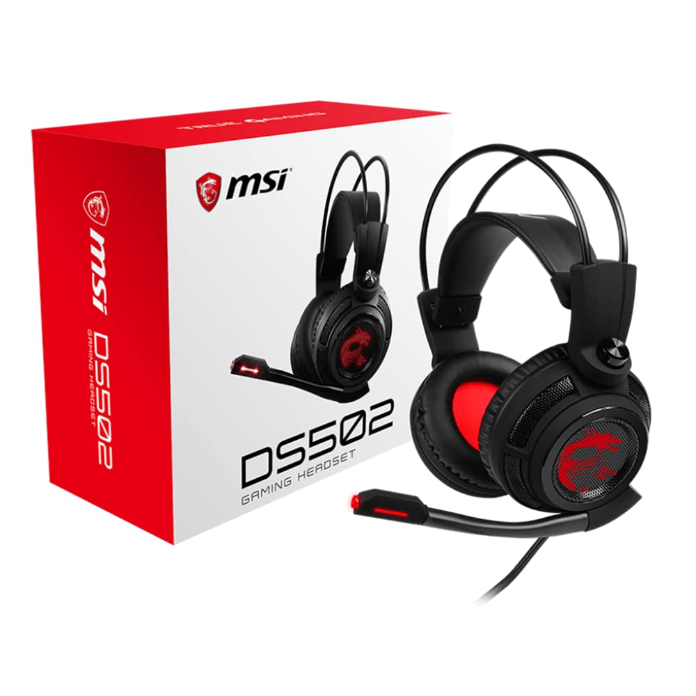 MSI DS502 Gaming Headset, Enhanced Virtual 7.1 Surround Sound, Ergonimic Design, Omnidirectional Microphone, Intelligent Vibration System, Red LED Lighting, PC/Mac