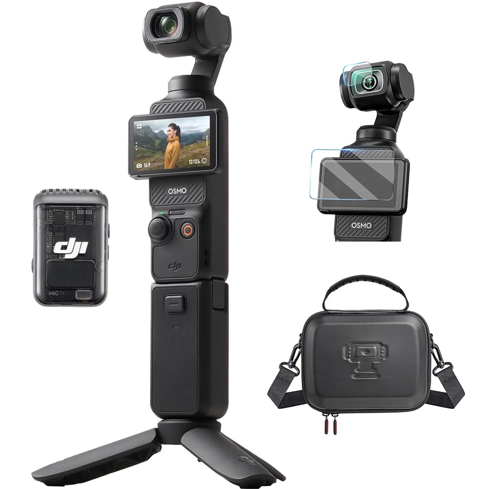 DJI Osmo Pocket 3 Creative Bundle with Tempered Glass and Bag, Vlog Camera 4K with 1-Inch CMOS and 4K/120fps Video, 3-Axis Stabilization, Digital Camera, Fast Focusing, Includes Microphone