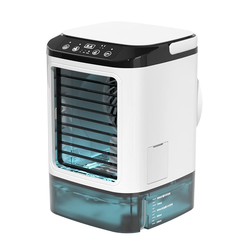 「2024 New & mini air conditioner」cool air fan,water cooled air conditioner,900ML super large water tank,5m long distance airflow,USBok,3 levels airflow,7 colors LED,humidifier,desktop,office(white)