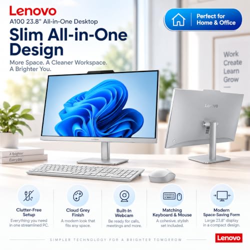 Lenovo A100 23.8" FHD All-in-One Desktop PC, Intel Core i3-N305, 16GB DDR5 RAM, 512GB PCIe NVMe SSD, Intel UHD Graphics, Wi-Fi 6, Windows 11 Upgraded, Cloud Grey – F0JN002SAK