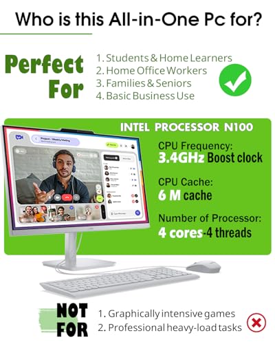 Lenovo All-in-One Desktop Computer 2026, 24" IPS FHD Display, 16GB RAM, 512GB SSD, Windows 11 Pro, Intel UHD Graphics, Intel N100 Processor, Wired Keyboard & Mouse, Home Desktop PC, WiFi 6