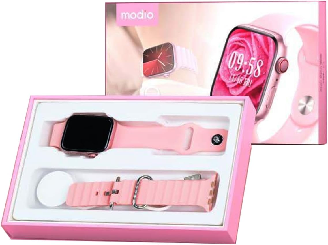 Modio MW09 Mini 36MM Smart Watch With 2 Pair Straps and Wireless Charger For Ladies and Girls Pink