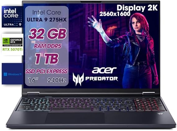 Acer Predator Helios Neo 16 AI Pc Gaming, Notebook Gaming Ultra 9 275HX, 32GB RAM DDR5, SSD 1TB PCIe, Display 16" WQXGA 240Hz, nVIDIA GeForce RTX 5070 Ti 12GB GDDR7, Laptop Gaming Keyboard RGB, W11