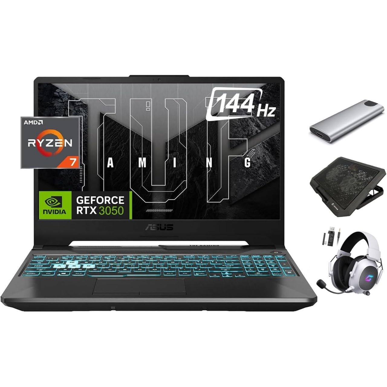 ASUS TUF 2024 A15 Gaming Laptop, 15.6" 144Hz FHD, 8-Core Ryzen 7 7435HS (Beats i7-13620H), NVIDIA RTX 3050 GPU, 32GB RAM, 2TB SSD + 256GB Portable SSD, RGB KB, RJ45, Keypad, Gamer Bundle, Win 11
