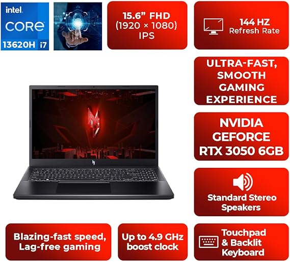 Acer Nitro V 15 Gaming Laptop | Intel Core i7-13620H 13th Gen | 16GB DDR5 | 1TB SSD | NVIDIA GeForce RTX 3050 6GB | 15.6" FHD 144Hz IPS Display | Windows 11 Pro | ANV15-51-71PD (UPGRADED) - Black