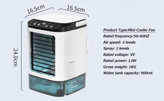 「2024 New & mini air conditioner」cool air fan,water cooled air conditioner,900ML super large water tank,5m long distance airflow,USBok,3 levels airflow,7 colors LED,humidifier,desktop,office(white)