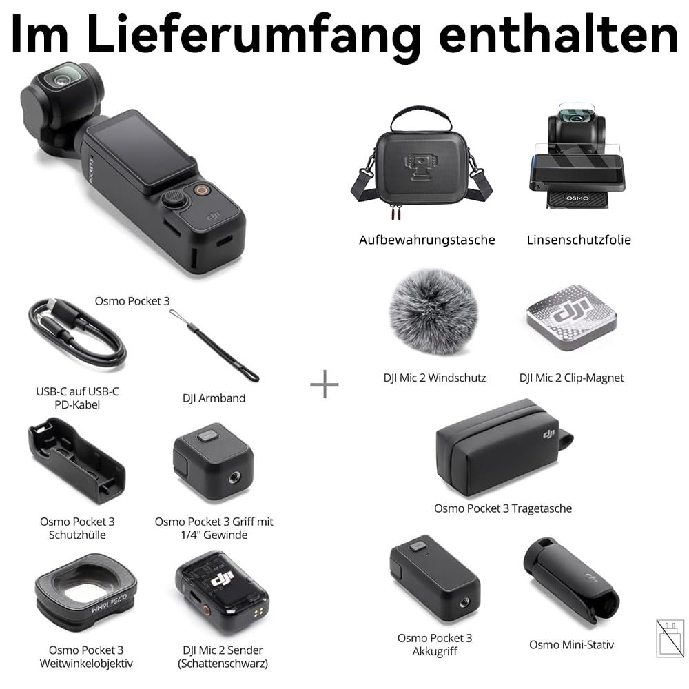 DJI Osmo Pocket 3 Creative Bundle with Tempered Glass and Bag, Vlog Camera 4K with 1-Inch CMOS and 4K/120fps Video, 3-Axis Stabilization, Digital Camera, Fast Focusing, Includes Microphone