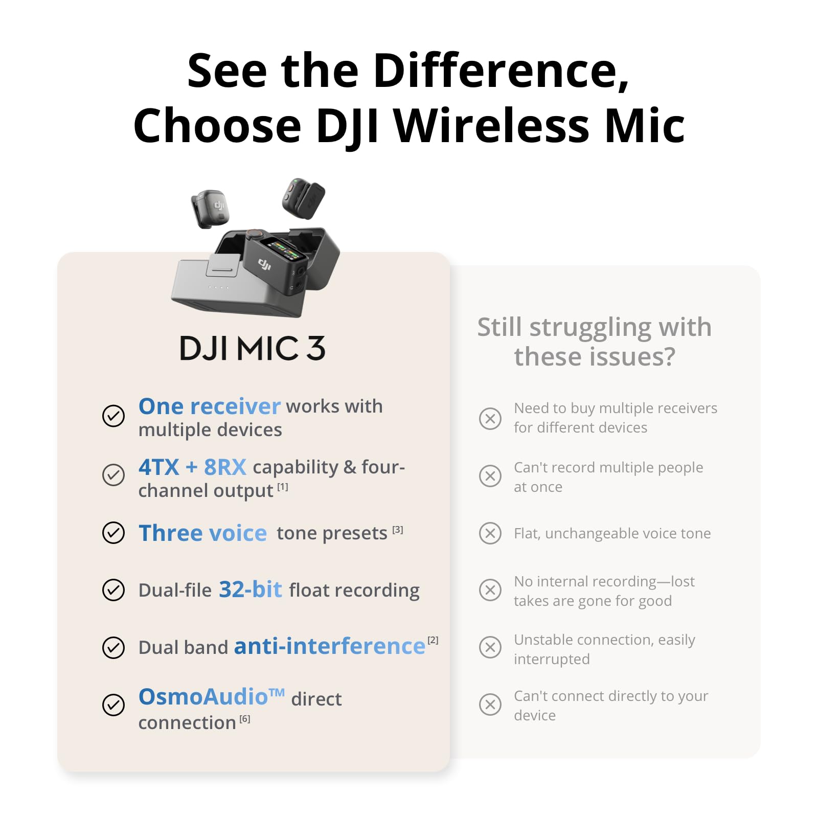 DJI Mic 3 (2 TX + 1 RX + Charging Case), Wireless Microphone for iPhone/Camera/Android, Adaptive Gain Control Balanced Volume, Dual Band Anti-Interference, 28h Use, UAE Version with Official Warranty