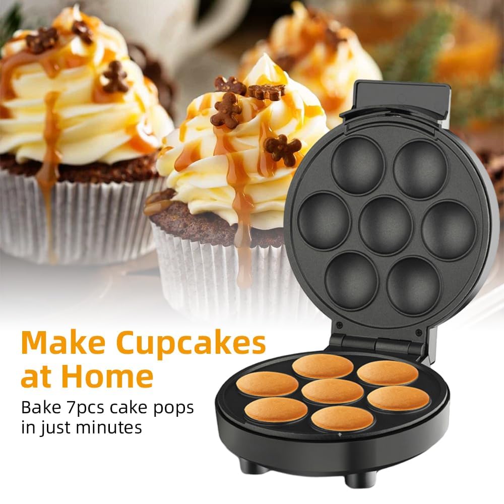 Electric Cake Pop Maker, 1000W Mini Machine Makes 7 Cake Pops in Minutes, Non-Stick Surface for Easy Cleanup, Fun Kitchen Appliance for Kids & Parties (White)