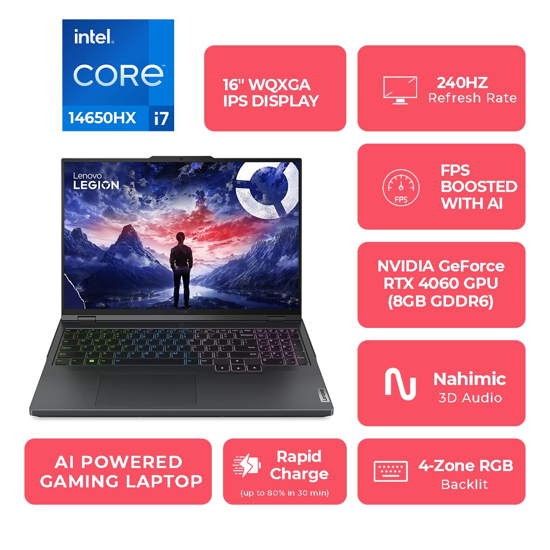 Lenovo Legion Pro 5 14th Gen Intel Core i7-14650HX Gaming Laptop, 32GB RAM, 1TB SSD, NVIDIA RTX 4060 8GB, 16” WQXGA Display, AI Gaming Chip, Backlit Keyboard, Windows 11 - Onyx Black. (Upgraded)