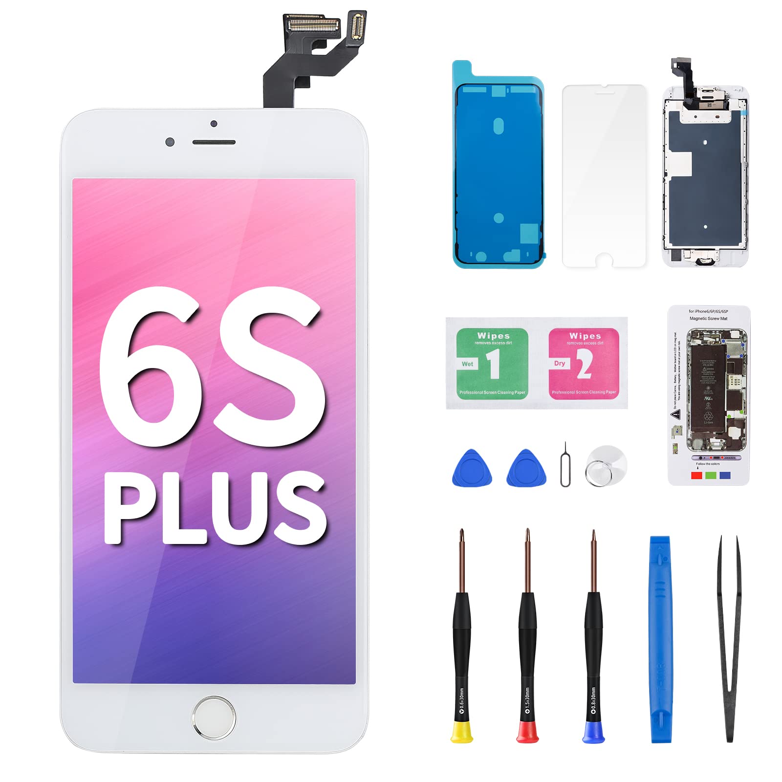 for iPhone 6s Plus Screen Replacement with Home Button 3D Touch LCD Display Digitizer 5.5" White Fix Tools Front Camera Speaker Proximity Sensor Glass Full Assembly Repair Kit for A1634 A1687 A1699