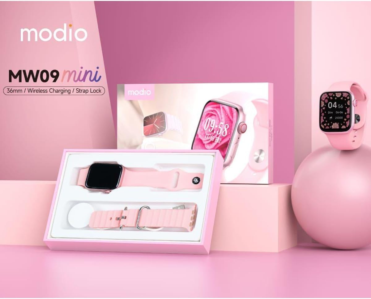 Modio MW09 Mini 36MM Smart Watch With 2 Pair Straps and Wireless Charger For Ladies and Girls Pink