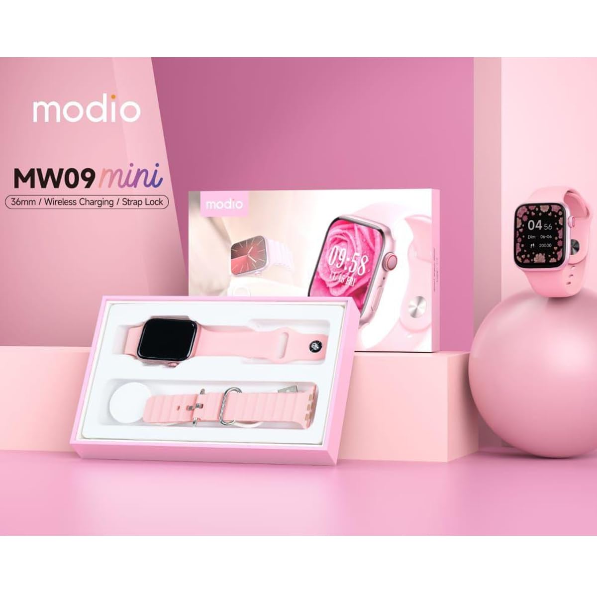 Modio MW09 Mini 36MM Smart Watch With 2 Pair Straps and Wireless Charger For Ladies and Girls Pink