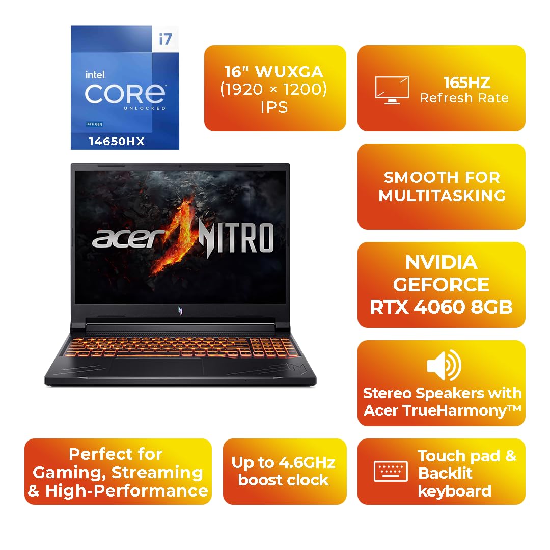 Acer Nitro V ANV16 Gaming Laptop 14th Gen Intel Core i7-14650HX 16 Cores Upto 5.2GHz/16GB DDR5/1TB SSD/8GB NVIDIA®GeForce®RTX 4060/16" WUXGA IPS 165Hz/W11/WiFi-6/Black
