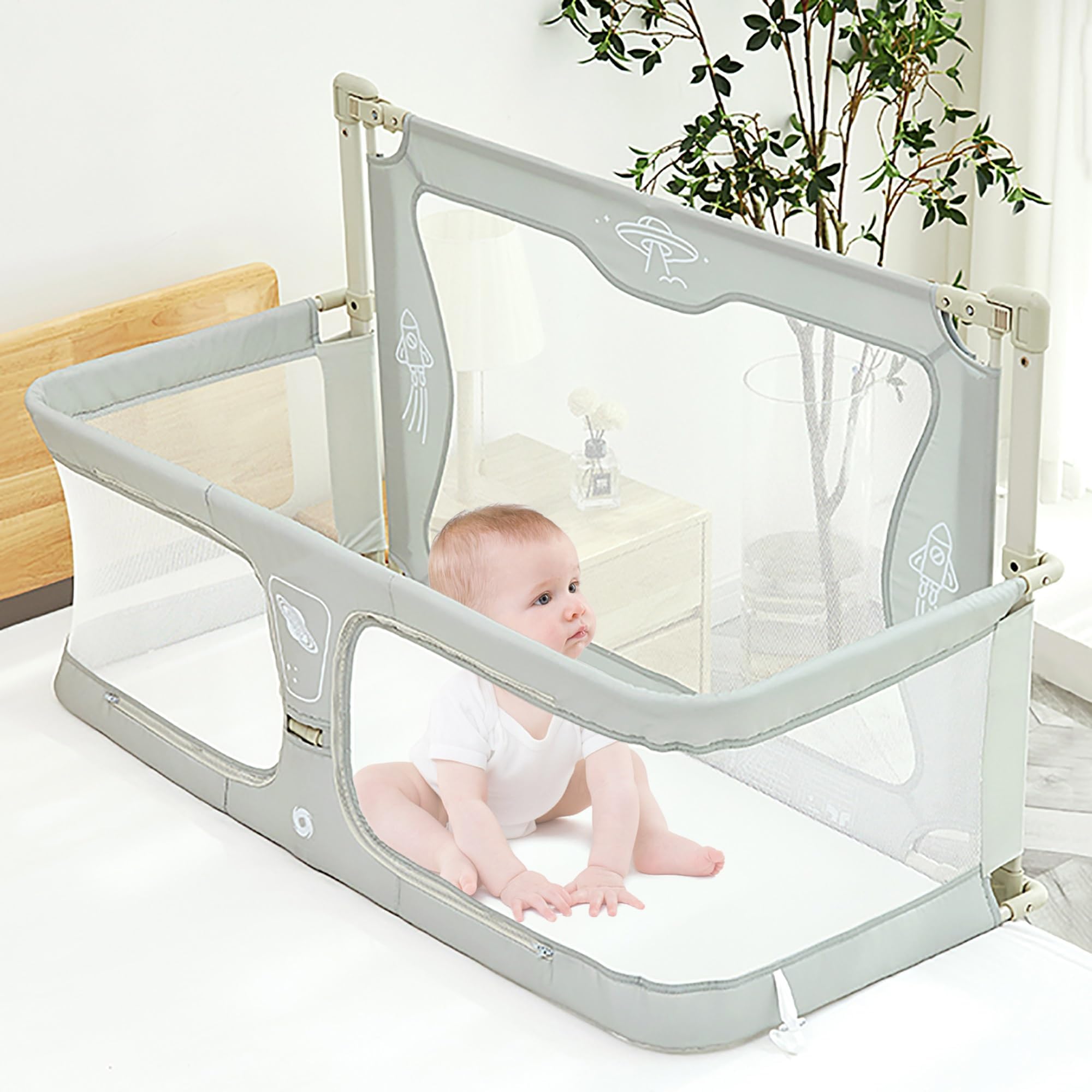 HCLSHOP Baby Bedside Sleeper 3 in 1 Folding Portable Crib Breathable and Visible Mesh Window Soft Washable Liner and Sturdy Aluminum Alloy Easy to Assemble