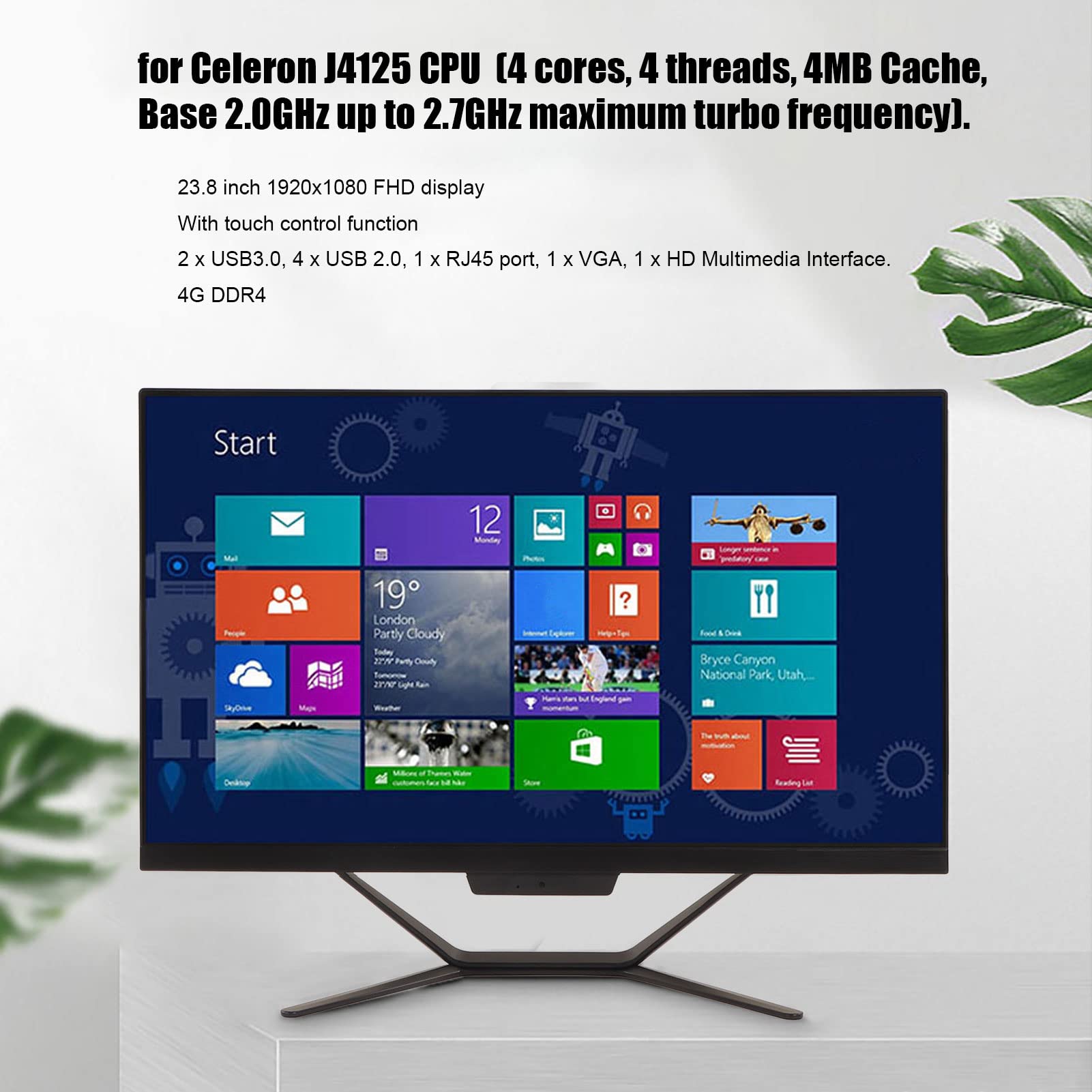 All in One PC, Touch Control All in One Desktop UK Plug 4 Core CPU 4G DDR4 for Work
