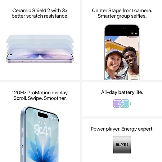 Apple iPhone 17 256 GB: 6.3-inch Display with ProMotion, A19 Chip, Center Stage Front Camera for Smarter Group Selfies, Improved Scratch Resistance, All-Day Battery Life; Mist Blue