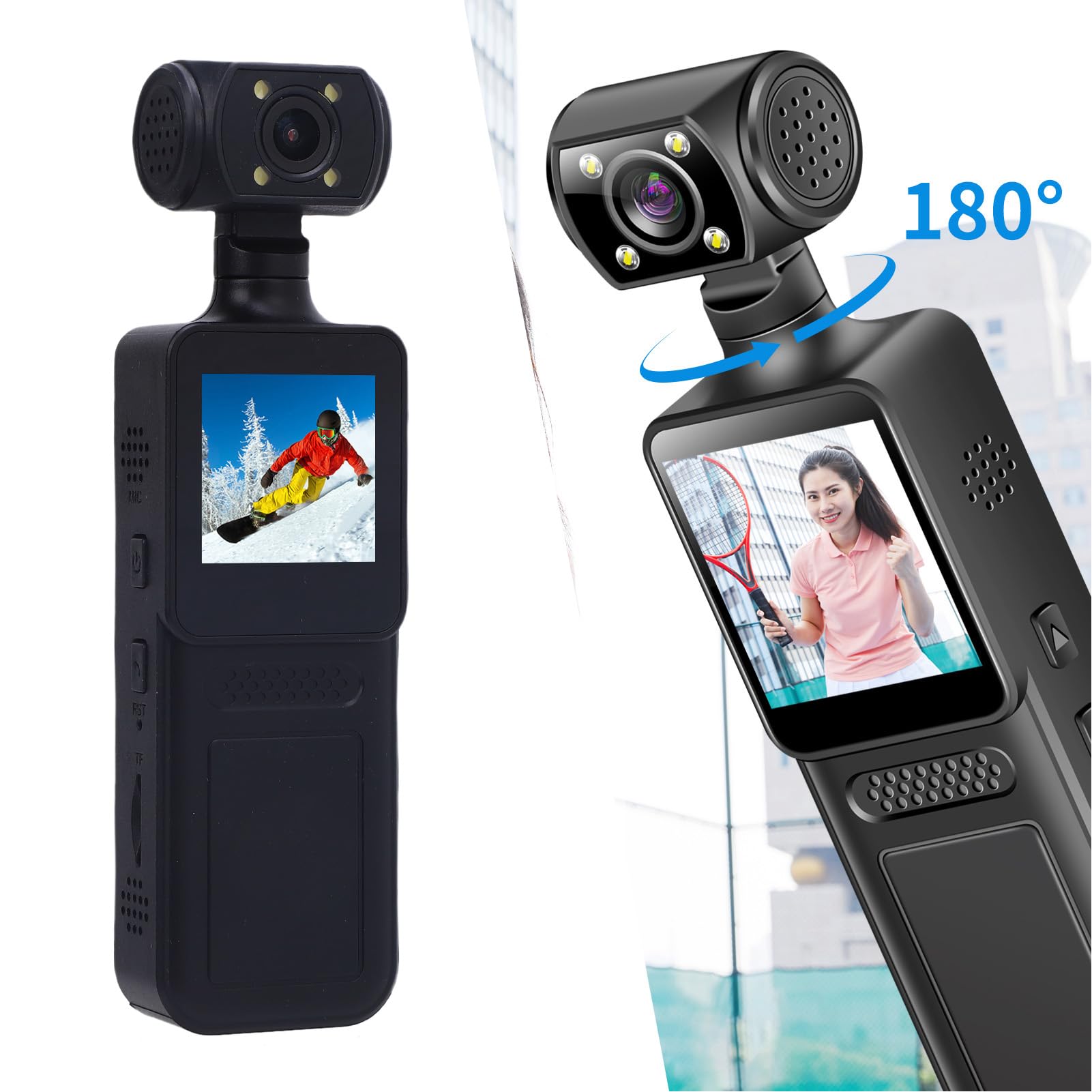 Handheld Action Camera, 4K HD WiFi Sports Camera with 180° Rotating Lens, 1.3 Inch HD Screen, 135° Ultra Wide, LED Flashlight, APP Control, Poc ket Camcorder for Travel
