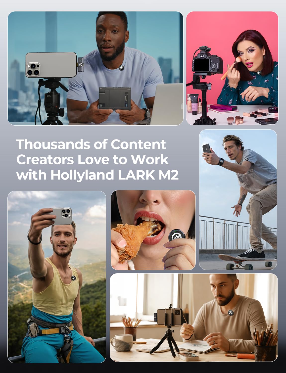 Hollyland LARK M2 Wireless Microphone for iPhone, Android and Camera, 48KHz 24Bit Hi-Fi Audio, 1000ft LOS Range, Noise Cancellation, 40H Duration for Vlogging, YouTube, Streaming