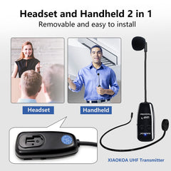 Wireless Microphone Headset, UHF Wireless Mic Headset and Handheld 2 in 1, 160 ft Range for Voice Amplifier, Stage Speakers, Teacher, Tour Guides, Fitness Instructor（Do Not Support Phone/Mac/Laptop）