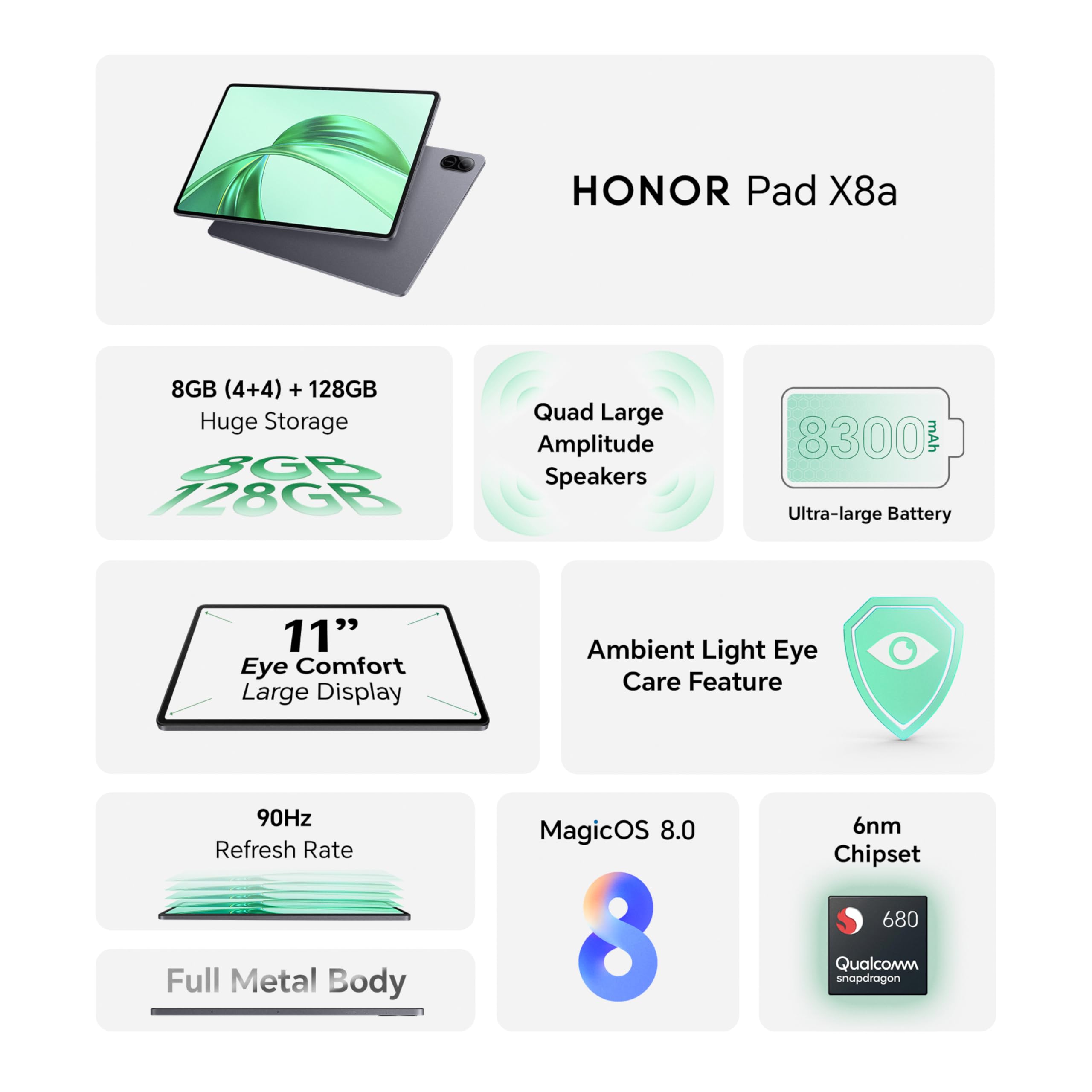 HONOR Pad X8a 4GB RAM 128GB ROM 11 Inch Tablet Space Grey Wi-Fi with FREE Flip Cover - Middle East Version