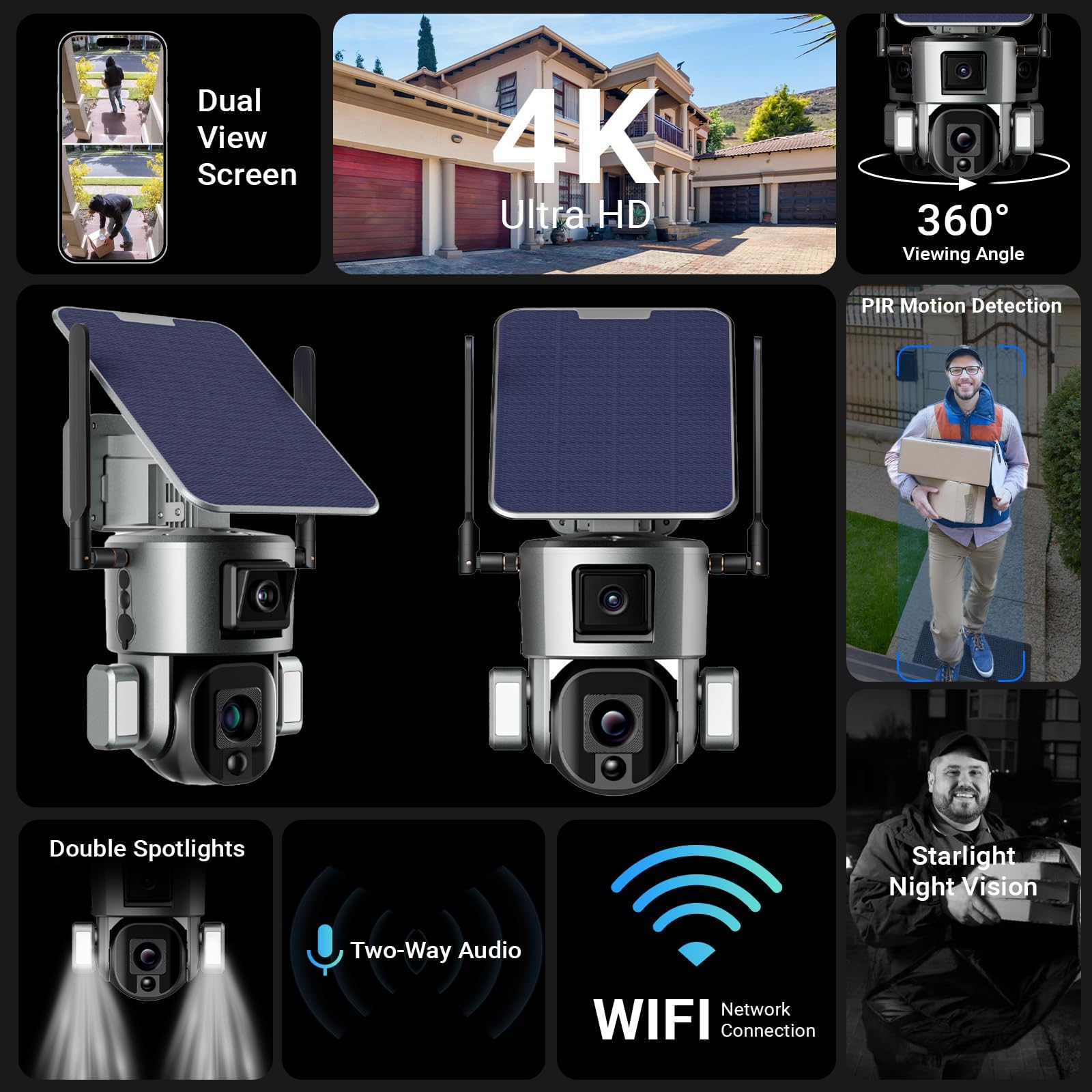 Salor Security Cameras Wireless Outdoor Ultra HD 4K Human AI Detection Dual 360° View Camera LIVE SIM Card Outside Home Safety with Spotlight Color Night Vision（Included 128G TF Card）