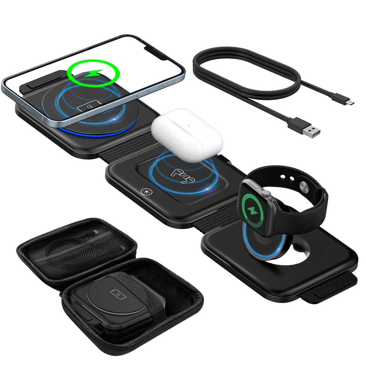 VICHYIE Wireless Charger 3 in 1 with Travel Case Portable, Fast Wireless Charging Station, Foldable Wireless Charger for iPhone 15/14/13/12 Series, AirPods Pro/3/2, iWatch - Black