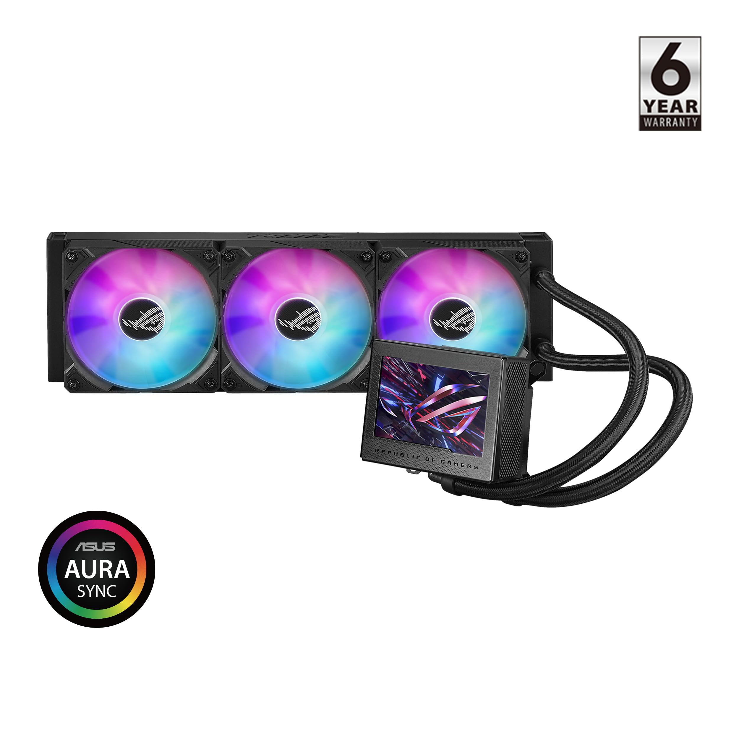 ASUS ROG Ryujin III 360 ARGB All-in-one Liquid CPU Cooler with 360mm Radiator. Asetek 8th gen Pump, 3X Magnetic 120mm ARGB Fans (Daisy Chain Design), 3.5” LCD Display