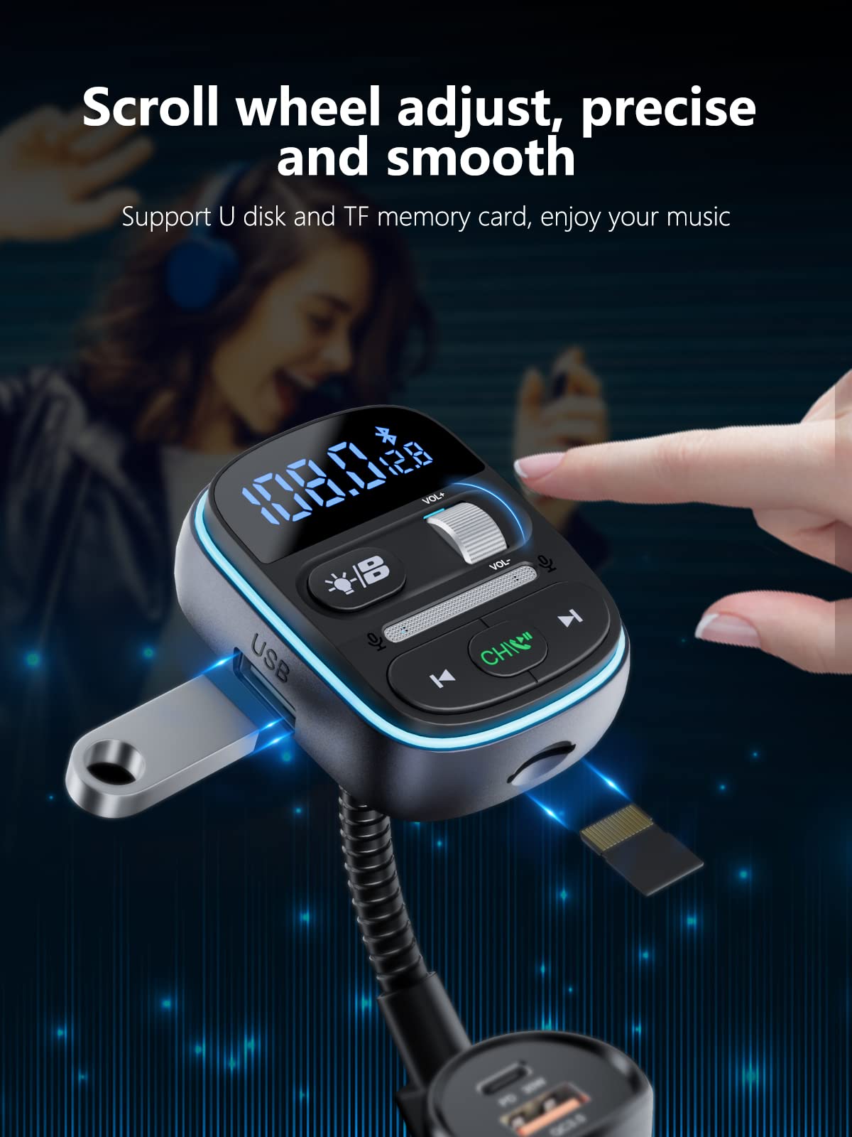 LENCENT PD 30W Bluetooth FM Transmitter,Bluetooth car Adapter with QC3.0 Fast Charger,Hi-Fi Music/Clear Calling car FM Bluetooth Adapter,【Color Light】
