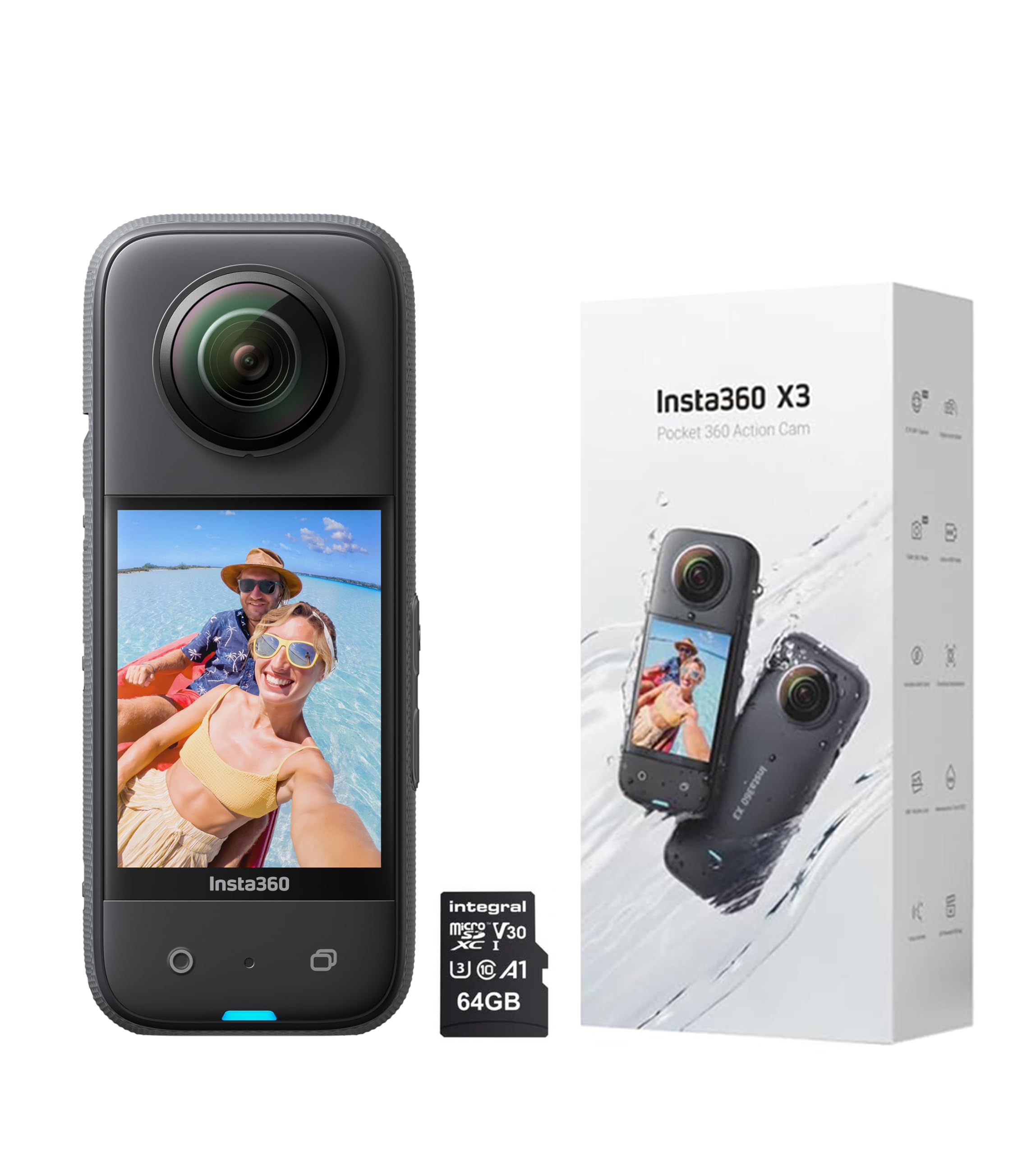 Insta360 X3-360 Degree Waterproof Action Camera with 1/2" Sensor, 5.7K 360, 72MP 360 Photos, Stabilisation, 2.29" Touch Screen, AI Editing, Live Streaming, Webcam, Voice Control with 64GB Memory Card